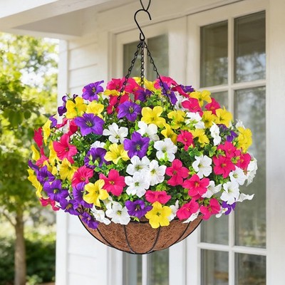 Realistic Artificial Hanging Flowers for Outdoors with Basket, 1 Set Large Si...