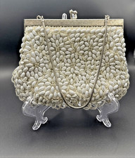 VTG Evening Bag White Silver Beaded Cream Fabric Purse Flower Kiss Lock Strap