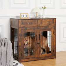 Stylish Wooden Dog Crate End Table with Cushion  Storage Drawers
