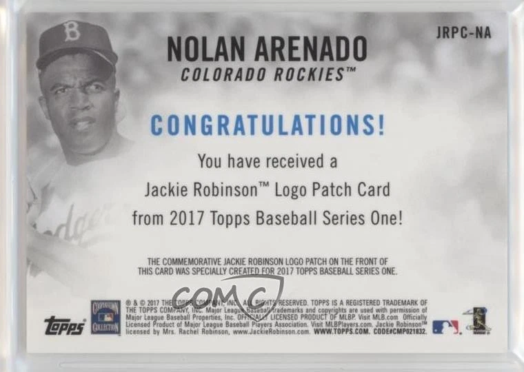 2017 Topps Jackie Robinson Day Commemorative Gold /99 Nolan Arenado Patch - Image 2 of 2