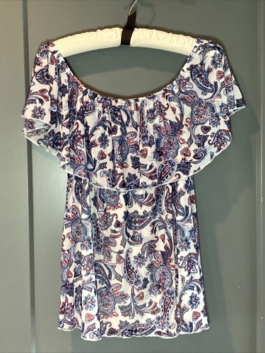 JOE BOXER Women’s Size Large Off Shoulder Ruffle Blouse Red White Blue Paisley - Picture 3 of 6