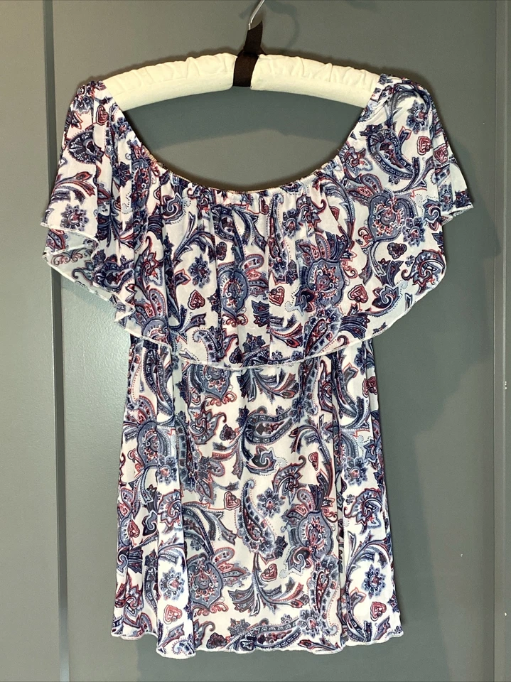 Blusa para mujer JOE BOXER talla grande con volantes al hombro rojo blanco azul cachemira Foto 3 de 4