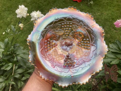 CARNIVAL GLASS ~ RARE BALL FOOTED FENTON GRAPE & CABLE PLATE ~ RADIUM ~ - Picture 8 of 15
