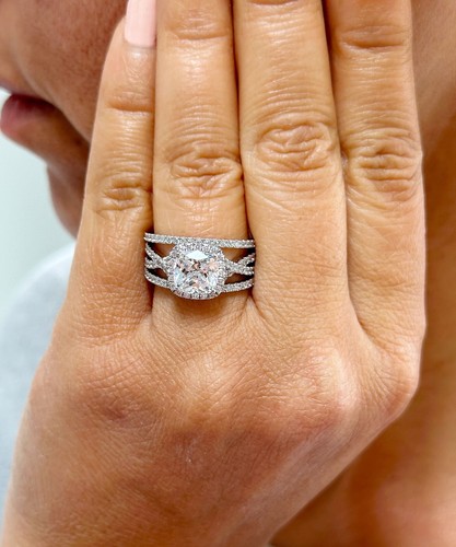 14K SOLID WHITE GOLD CUSHION SIMULATED DIAMOND ENGAGEMENT RING AND BANDs 3.40ct - Picture 2 of 15