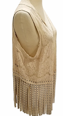 Vocal Sleeveless Vest Womens XL Tan Stone Suede Lace Open Fringe Studs Gypsy New