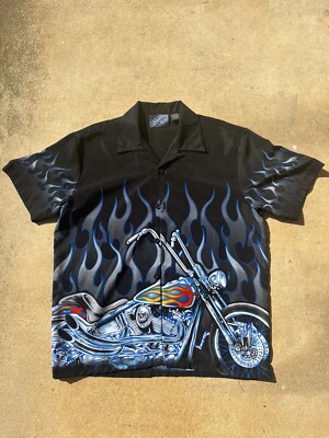 Motorcycle Shirt Mens MEDIUM Flames Biker Short Sleeve Button