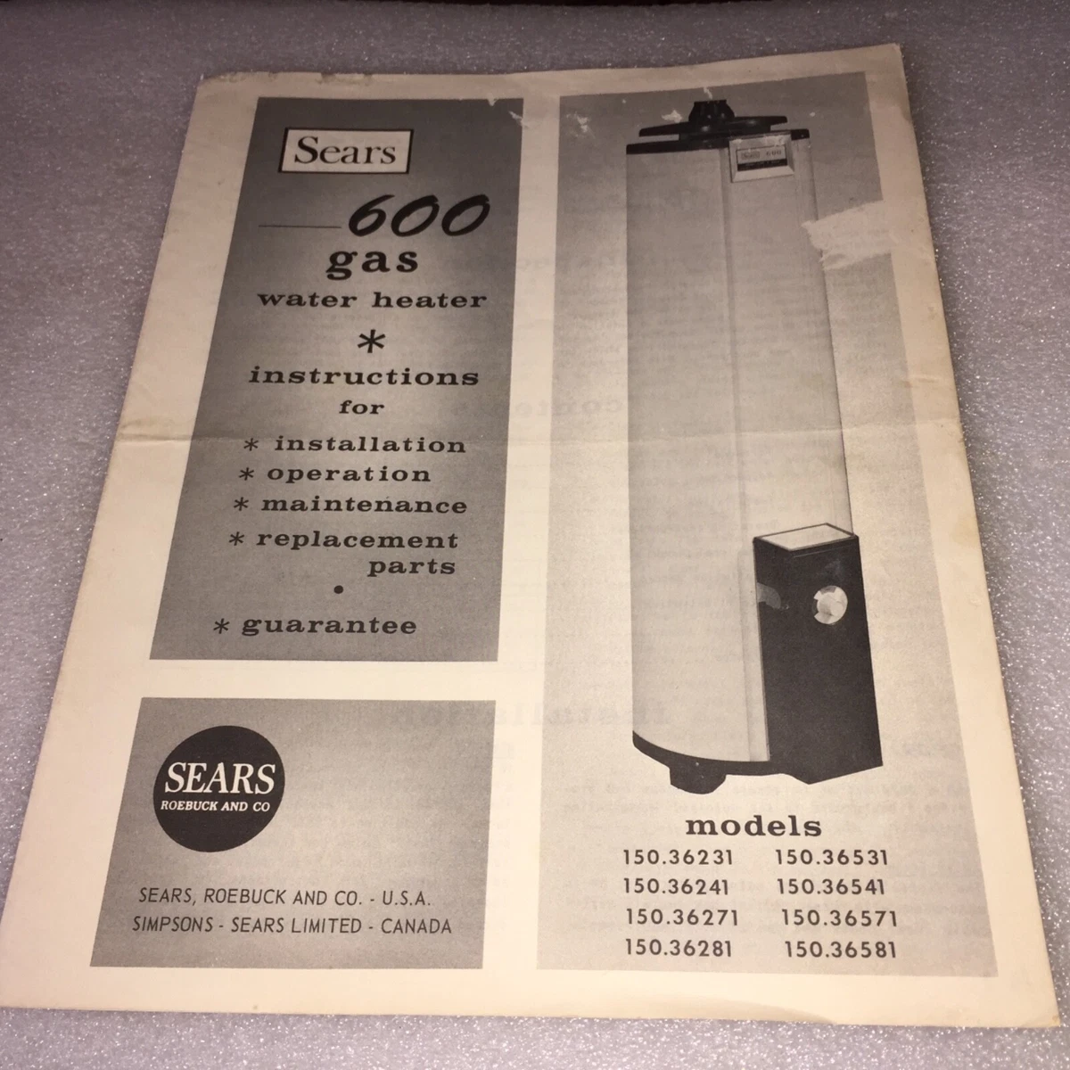 VINTAGE 1964 SEARS 600 GAS WATER HEATER INSTRUCTIONS u0026amp; PARTS MANUAL  #150.36231 | eBay