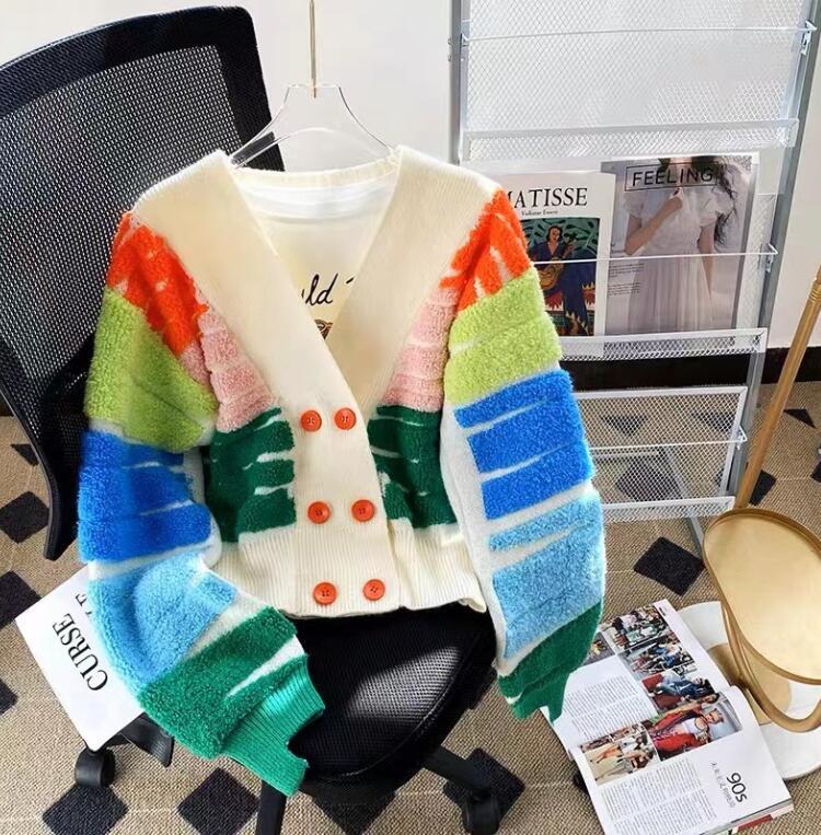 Womens Chic Multicolor V Neck Double Breast Knitted Sweater