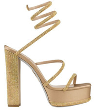 Rene Caovilla Cleo Gold Platform Crystal Wrap Strap Sandal Block Heel Pump 38