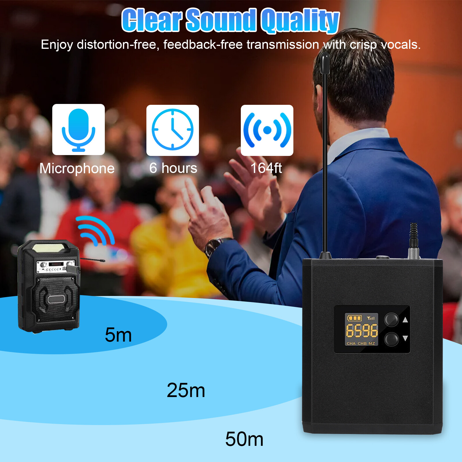 164FT UHF Wireless Headset Microphone Lavalier Lapel w/ Mic Bodypack