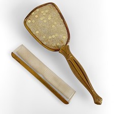 Vintage 60's Vanity Set Brush  Comb Gold Color Floral Design On Nylon Brush USA