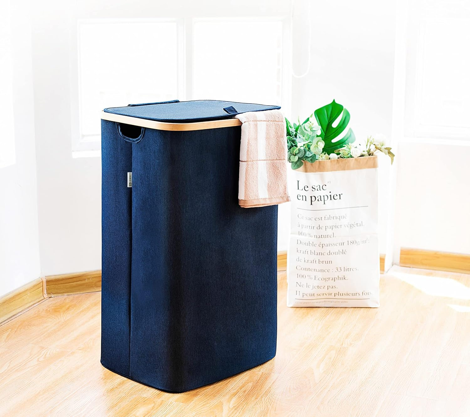 Laundry Hamper with Lid Cover Sturdy Tall Bamboo Basket Clothes Organizer-image