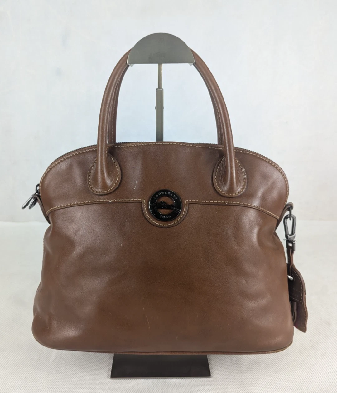 Longchamp Womens Medium Brown Leather Bowler Handbag Made in Morocco