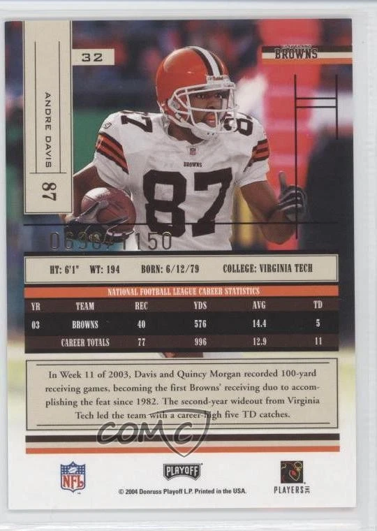 2004 Playoff Absolute Memorabilia /1150 Andra Davis Andre Davis #32 - Image 2 of 2