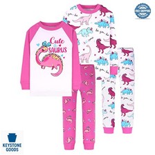 Girls Cotton Pajama Set 4 Piece Long Sleeve Crew Neck Snug Fit Toddler Dinosaur