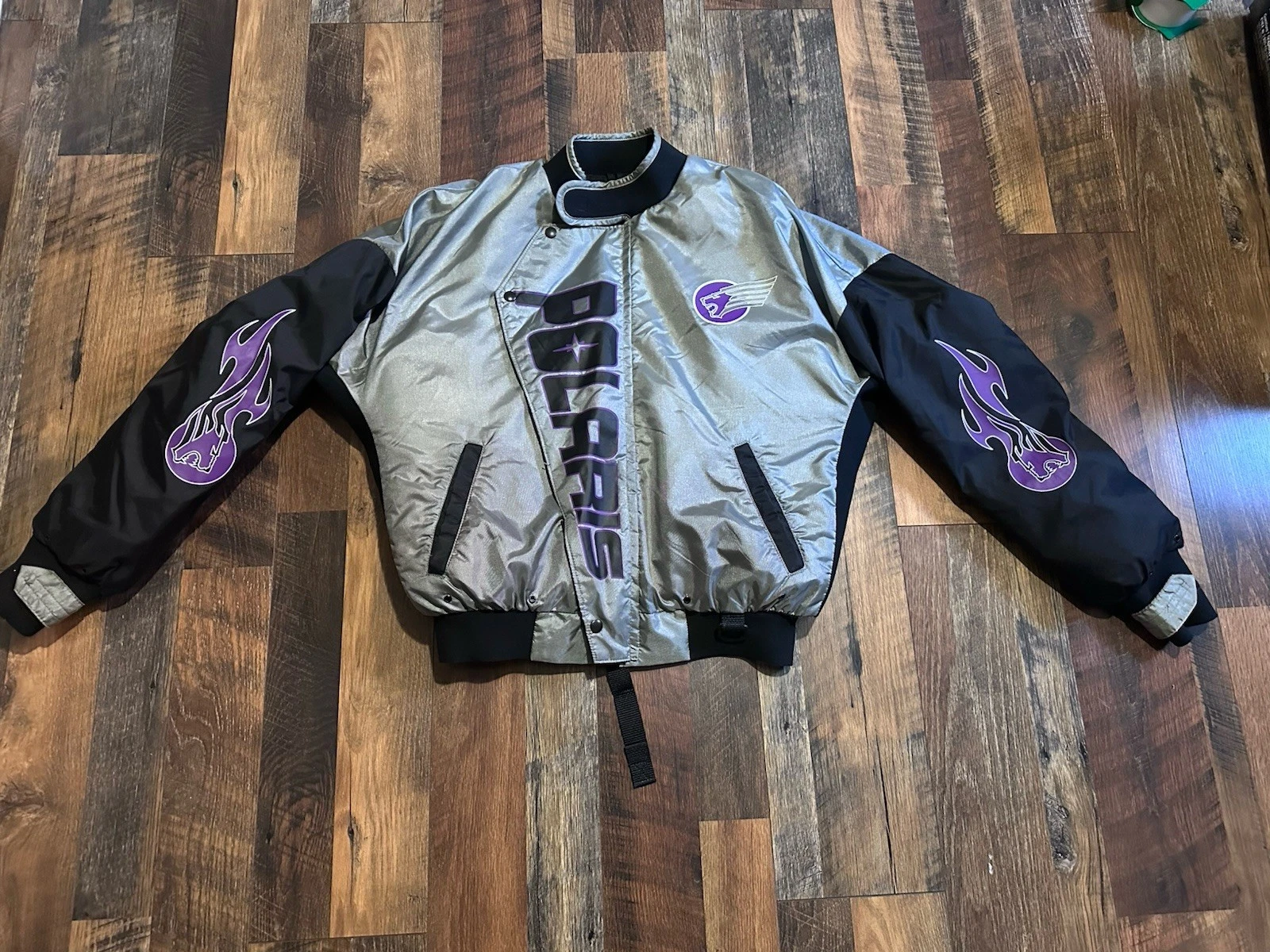 Vintage 90s Polaris Stearns Flotation Bomber Jacket Silver Purple Flames Size L - product detail image 1