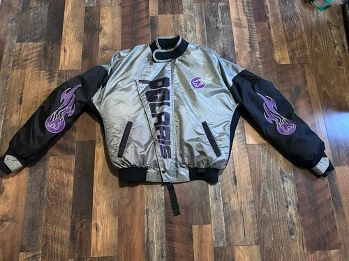 Vintage 90s Polaris Stearns Flotation Bomber Jacket Silver Purple Flames Size L video thumbnail