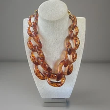 Large Tortoise Acrylic Link Statement Necklace Gold Tone Adj 22" Lightweight
