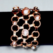 Wide Cuff Bracelet Copper Link Crystal Pink Pearl Vintage Lia Sophia 7” Y2K