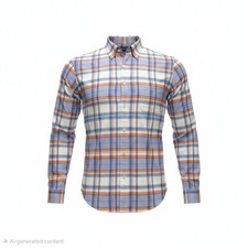 Chaps Men’s Dress Shirt 16–16.5 32/33 Long Sleeve Orange Blue Plaid Wrinkle Free