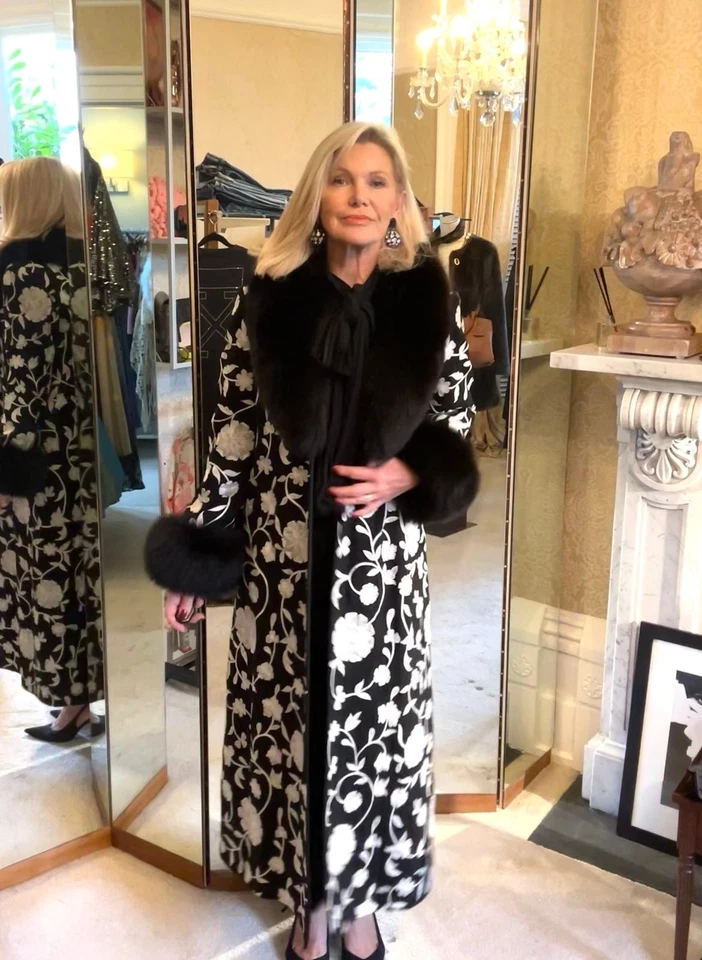 LOUISE KENKENNEDY UK L шерсти пальто черный белый вышитый цветок меха манжеты и воротник - Изображение 2 из 4