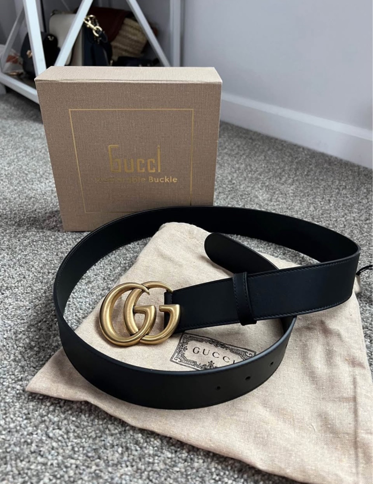 Gucci Marmont GG Mens Black Leather Belt with Brushed Bronze Hardware