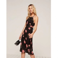 Reformation Rare Roma Black Pink Floral Open Back Lace Halter Midi Dress 4/6