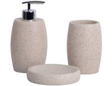Beige Bathroom Set 3 PC, Resin Sandstone Look Soap Dispenser, Toothbrush Cup,...