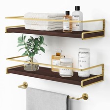 2 PCS Floating Shelves Bathroom Over Toilet Wall Mounted Towel Bar Brown Gold