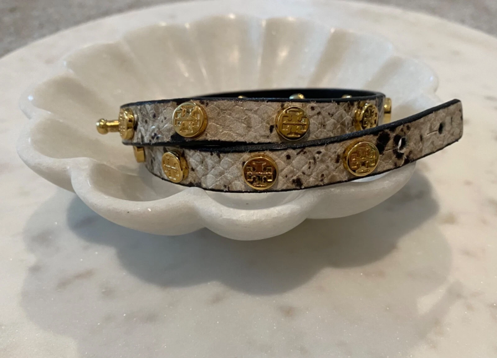 Autentico Braccialetto Pelle di Serpente Esotico Tory Burch Miller Borchie Doppio Involucro