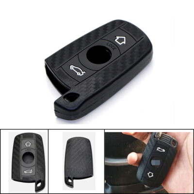 1pcs Carbon Fiber Soft Silicone Full Cover Remote Key FOB Case For BMW