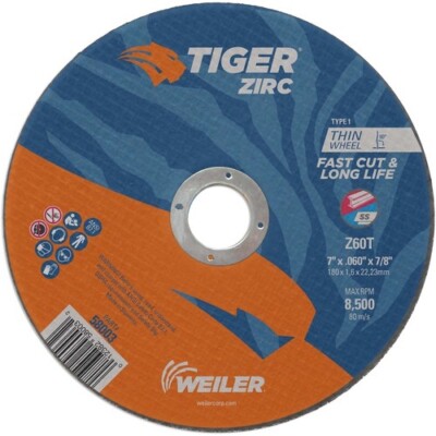 Weiler TIGER 7'' Cut-Off Wheels 7/8'' Arbor .060'' Thickness 60 Grit Zirconia 5pk