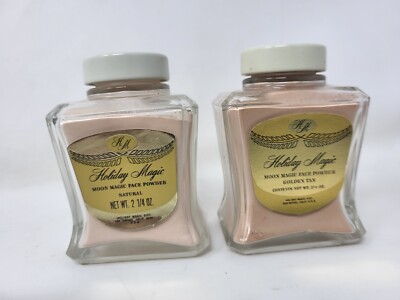 Two Holiday Magic Moon Magic Face Powder 2 1/4 oz Glass Bottles --New Old Stock