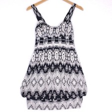 XXI Black White Mini Dress Boho Print Sleeveless Bubble Hem Small Y2K Balloon