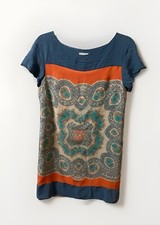 Meadow Rue Anthropologie Silk Shift Dress Short Sleeve Size Small Blue Orange