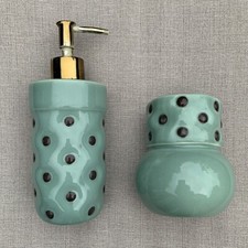 Ceramic Sage Green with Brown Dots Pump Soap Dispenser  Toothbrush Holder