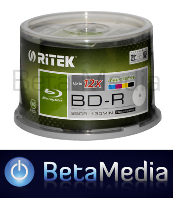 100 x Ritek Blu-ray BD-R 12x 25GB Full Hub inkjet printable blu ray BDR ...