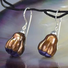 Gum Tree Nut Flower Earrings Carved Iridescent Shell & 925 Sterling Silver 8.04g