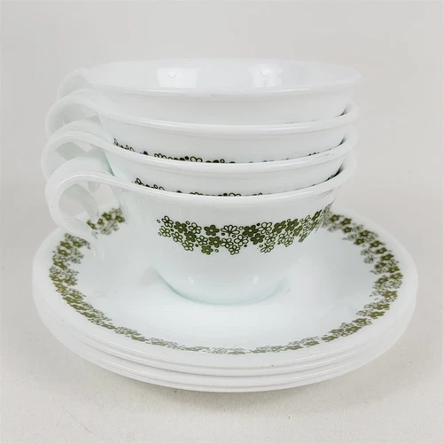 4 Vtg Corelle Spring Blossom Crazy Daisy Green Hook Handle Coffee Tea Cup Saucer
