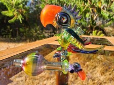 RJ Glass Blacklight Reactive Rainbow Bird Pipe w/ little bird Carb Cap & case