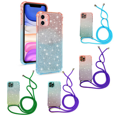 Kette Hülle Glitzer Farbverlauf Umhänge Band iPhone Samsung Kordel Necklace  Case