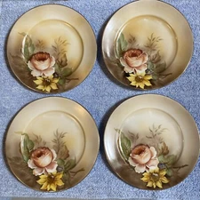 Noritake Hand Painted Sunflower & Rose Decorative Matte Four (4) Plates Gold Rim