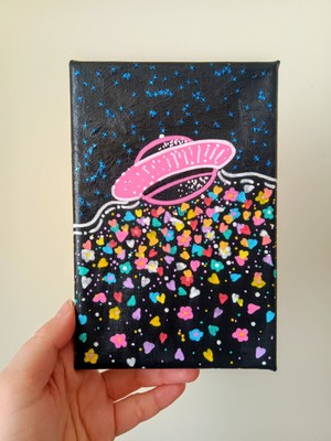 Original Art Alien UFO Black Artwork Mixed-media Small Hand painted 5x7 Inch