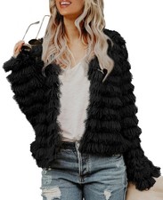 Womens Faux Fur Open Front Cardigan Shaggy Coat