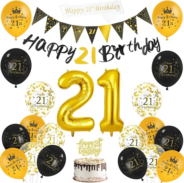 21. Geburtstag Deko Set Gold Schwarz, Ballons, Banner, SchäRpe, Wimpelkette,-image