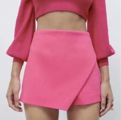 Zara Women s Pink Wrap Front Skort Shorts, Size L, Zip, Pockets, Solid