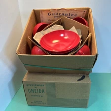 c 1972 Red Melamine set of 4,  20 pcs & partial set ONIEDA dinnerware vtg