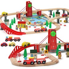 SainSmart Jr. Wooden Train Set for Toddler, Double-Side Medium, Log Color