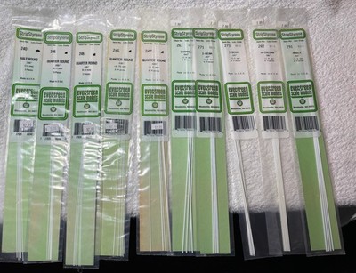 evergreen scale models Strip Styrene, various shapes, 10 packages, 8 sizes, new