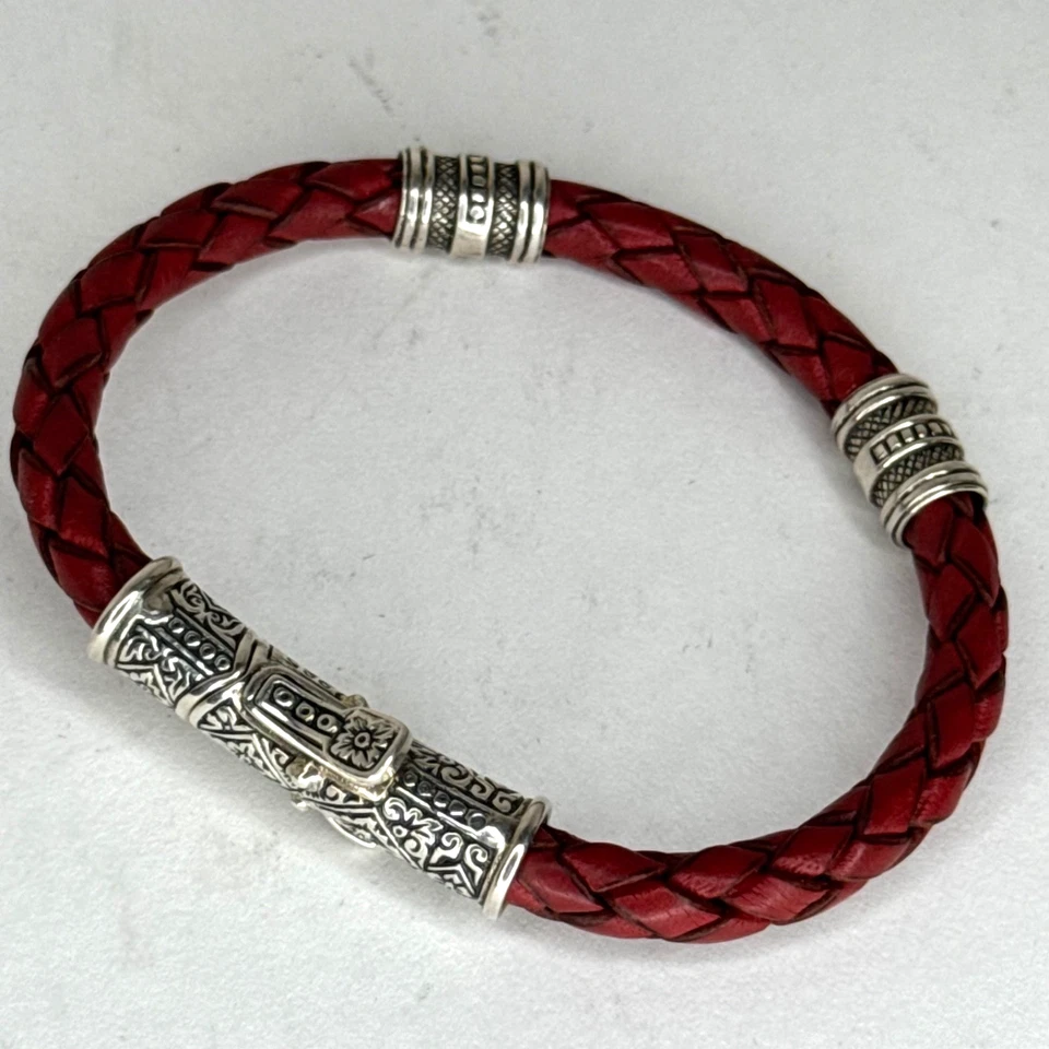 Konstantino Mens Red Braided Leather 925 Sterling Silver Bracelet 7.75" - Image 3 of 4